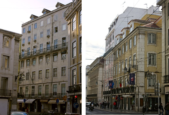 Edifícios da Baixa com alterações ao projecto inicial. À esq., 4 pisos acrescentados; à dir. quarteirão onde é visível a diferença de cérceas original/alterada