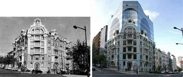 Rua Castilho, 40: edifício inicial e após alterações com a subida da cércea. [Foto p-b: Augusto de Jesus Fernandes, Arq. Municipal de Lisboa]