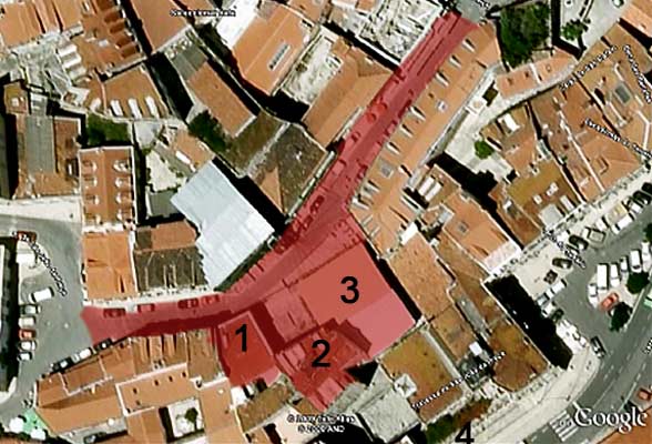 Os três edifícios em maior risco: 1 - Obras de remodelação efectuadas pouco tempo antes, andares vendidos em prorpiedade horizontal; 2 - Edifício em grave risco de aluimento, moradores realojados; 3 - Edifício demolido, moradores rrealojados; 4 - Chafariz d'el Rei 